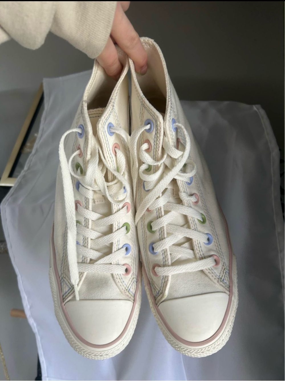 Converse High-Top Sneakers in Cream with Pastel Eyelets - Picture 2 of 5
